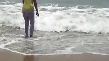 Desi wifey On Beach - Wet & Transparent Cloth 
