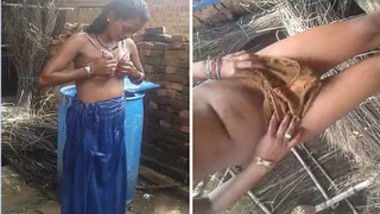 Slim Desi teen caught outdoors washing XXX body after sex with BF