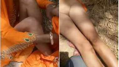 Man watches Desi girlfriend in orange sari taking pants off for XXX video