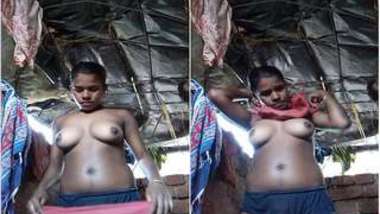 Indian teen comes to a barn to show off naked boobs and change clothes