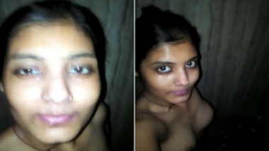 Joyful Indian teen comes in darkened bathroom to film special XXX clip