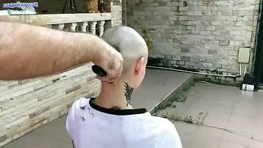Bald head shaving and double penetration in all holes