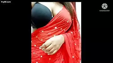 Super Hot Desi Indian bhabhi in red saree and black bra dirty talking with boyfriend