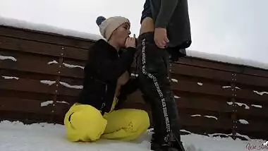 Big titted babe sucked my cock in the snow and swallowed my cum -Wet Kelly